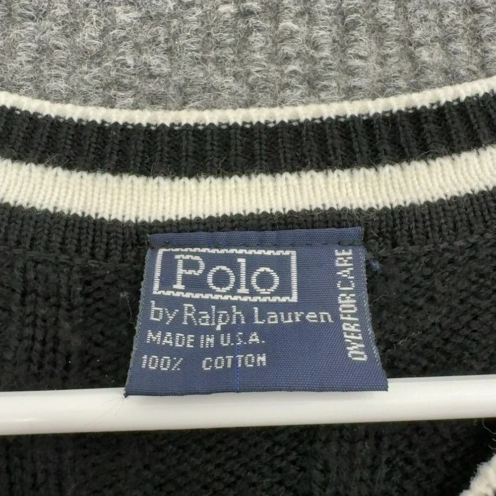 Vintage Polo Ralph Lauren Sweater Mens Black Cotton Cable Knit V-Neck Preppy